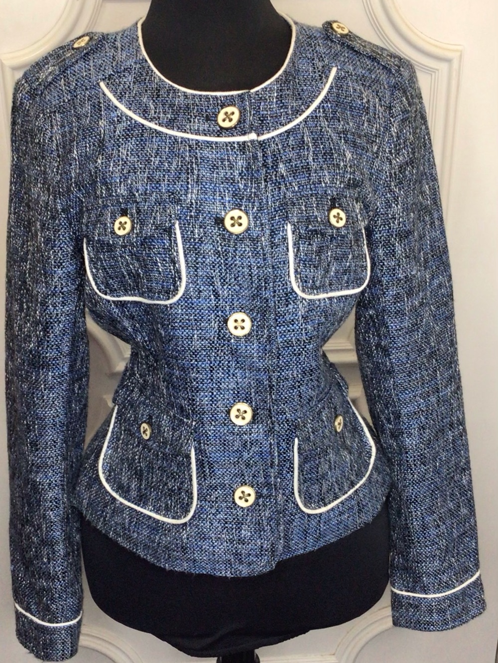 Cache Blue Tweed Button-Front Jacket with Cream Piping Size 8